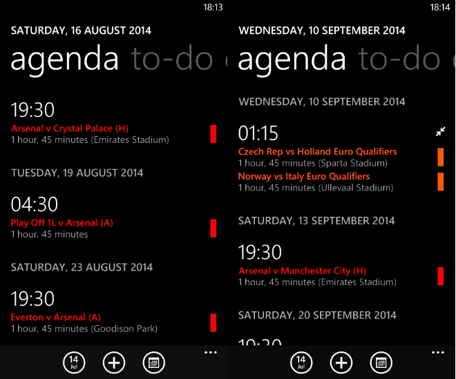 Arsenal Fixtures Windows Phone Calendar